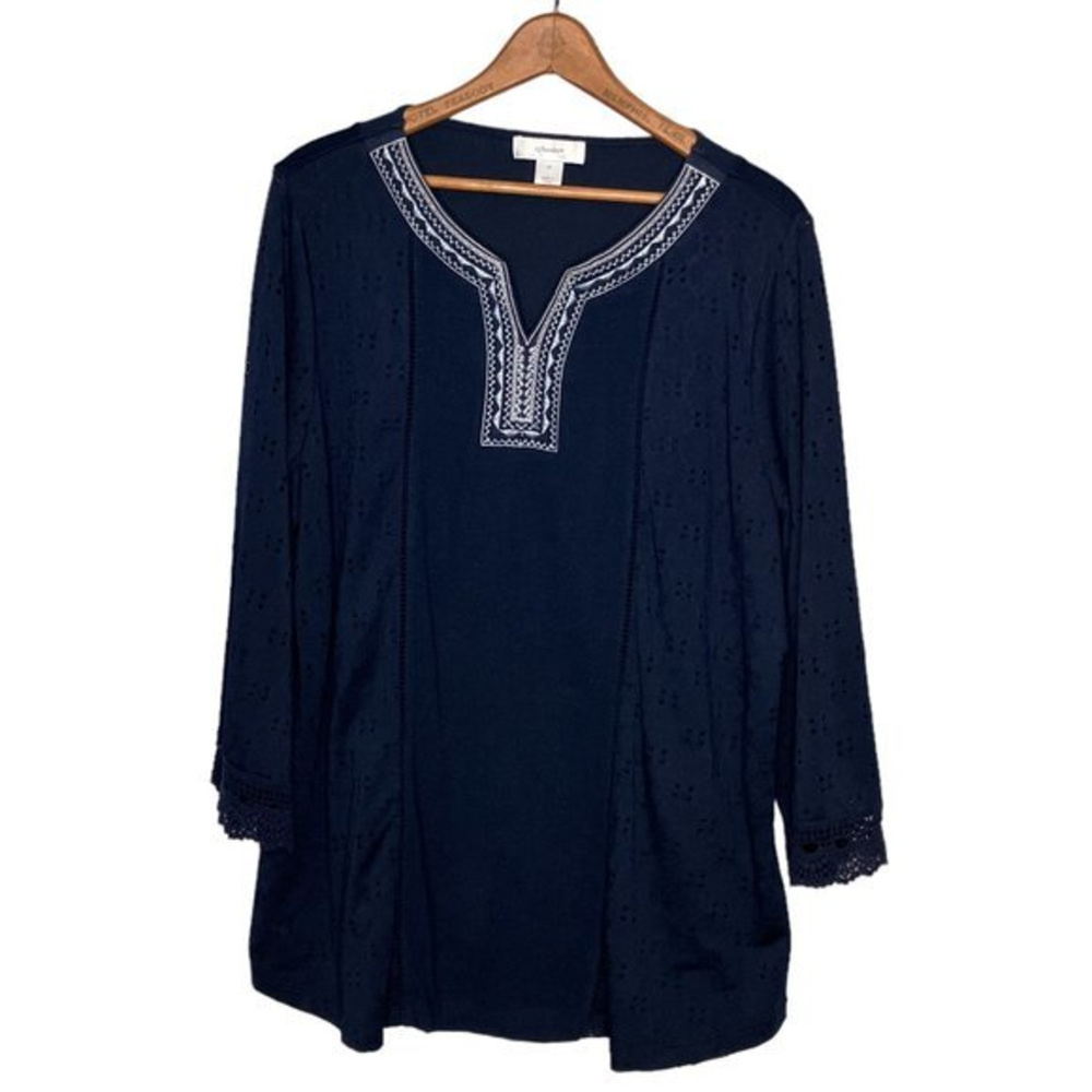 CJ Banks‎ 1X Blue Embroidered V-Neck Stretch Lace Mixed Media Blouse Top Plus